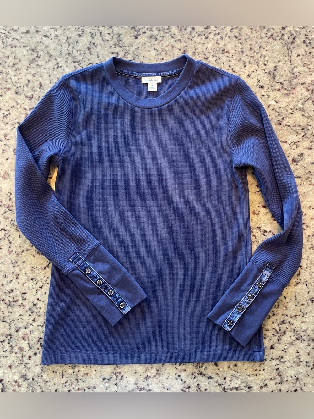 New Sundance Women's Navy Long-Sleeve Ribbed Crewneck Top with Button Cuff M